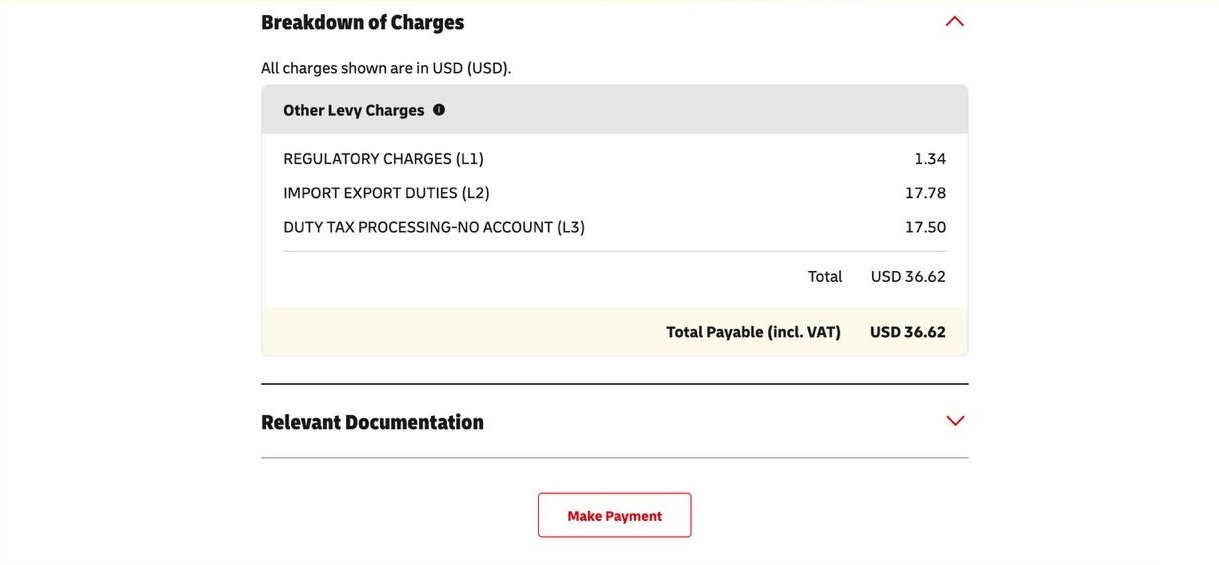 Image of import duty invoice