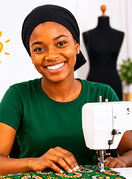 image of a girl on a sewing machine with ankara fabric on the machine