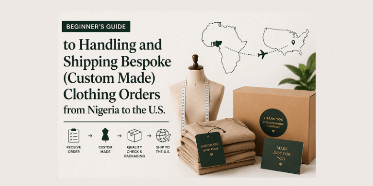 blog post image of handling and shipping bespoke order from nigeria to U.S. The image contains delivery box, U.S and Nigeria map and text "Beginner’s Guide to Handling and Shipping Bespoke(Custom Made) Clothing Orders from Nigeria to the U.S."